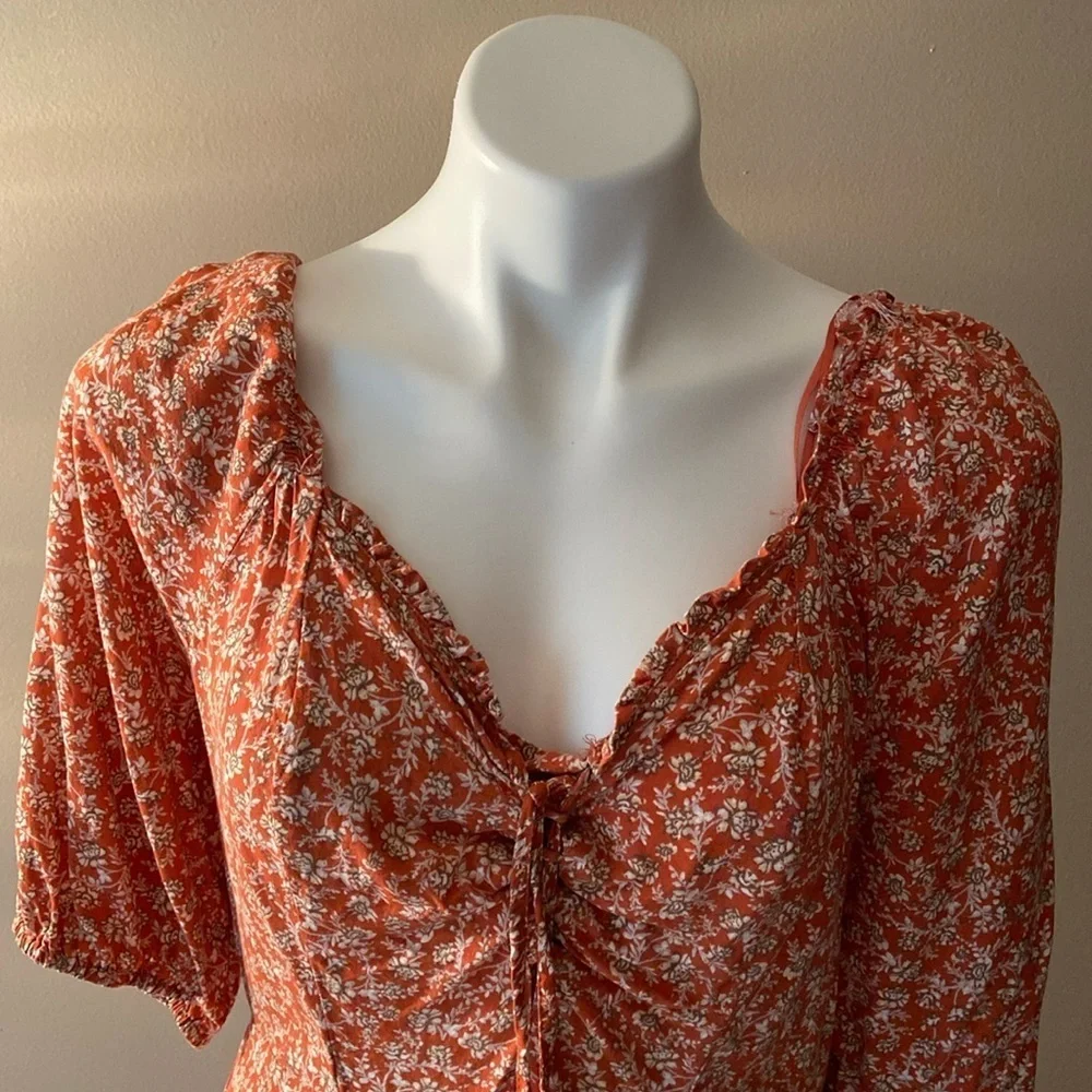 Sincerely Jules Women’s Orange Floral Smocked Midi Dress With Slits Size Small